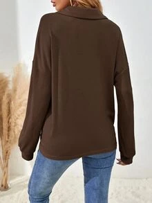 SHEIN Women's Solid Color Drop Shoulder Long Sleeve Button Half Placket Loose Casual T-Shirt - Brown - View 2
