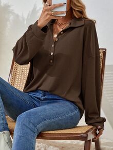 SHEIN Women's Solid Color Drop Shoulder Long Sleeve Button Half Placket Loose Casual T-Shirt - Brown - View 8