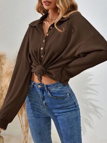 SHEIN Women's Solid Color Drop Shoulder Long Sleeve Button Half Placket Loose Casual T-Shirt - Brown - View 5