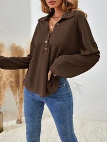 SHEIN Women's Solid Color Drop Shoulder Long Sleeve Button Half Placket Loose Casual T-Shirt - Brown - View 6