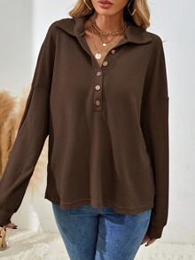 SHEIN Women's Solid Color Drop Shoulder Long Sleeve Button Half Placket Loose Casual T-Shirt - Brown - View 7