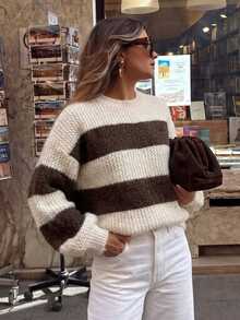 SHEIN Frenchy Sweater Kasual Wanita Motif Garis-Garis Blok Warna, Musim Gugur/Dingin - Coklat - View 1