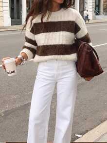 SHEIN Frenchy Sweater Kasual Wanita Motif Garis-Garis Blok Warna, Musim Gugur/Dingin - Coklat - View 3