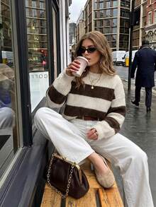 SHEIN Frenchy Sweater Kasual Wanita Motif Garis-Garis Blok Warna, Musim Gugur/Dingin - Coklat - View 5