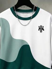 SHEIN Teen Boy Casual Minimalist Loose Fit Crew Neck Long Sleeve Comfortable Sweatshirt For Autumn/Winter, Classic Cool Stylish Curved Color Block Patchwork Graphic Print, Delicate Small Logo Graphic Print, Suitable For Back To School Season - Multicolor - View 5