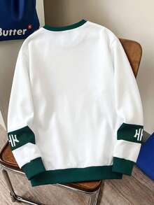 SHEIN Teen Boy Casual Minimalist Loose Fit Crew Neck Long Sleeve Comfortable Sweatshirt For Autumn/Winter, Classic Cool Stylish Curved Color Block Patchwork Graphic Print, Delicate Small Logo Graphic Print, Suitable For Back To School Season - Multicolor - View 3