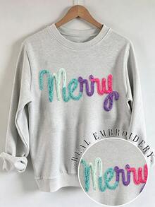 INAWLY 大尺碼秋冬氛圍感 Merry 刺繡落肩休閒運動衛衣，聖誕 Happy 刺繡運動衛衣，聖誕 Happy 雪尼爾紗線運動衛衣，基督信仰禮物客製化個性化秋冬衛衣，秋冬衛衣時尚禮物 - 淺灰色 - 查看 1