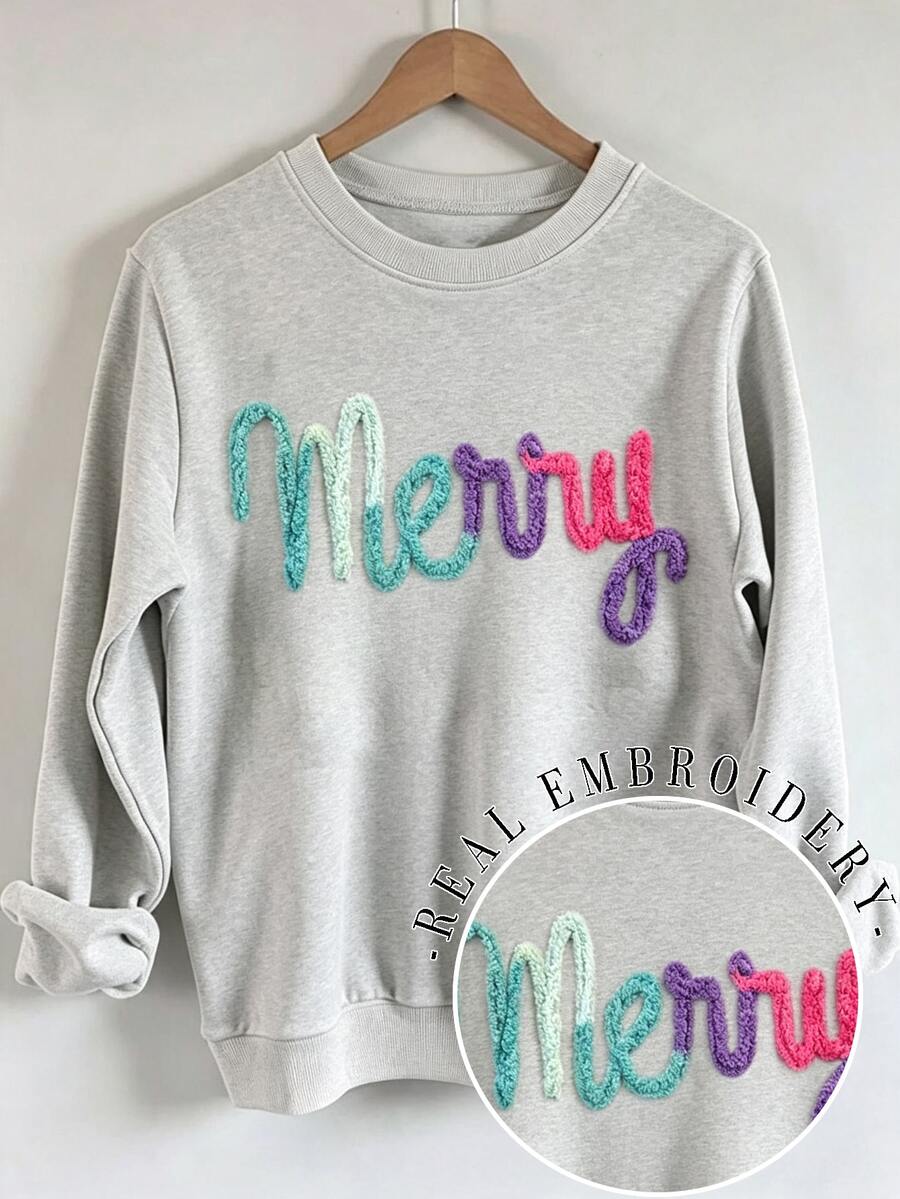 INAWLY 大尺碼秋冬氛圍感 Merry 刺繡落肩休閒運動衛衣,聖誕 Happy 刺繡運動衛衣,聖誕 Happy 雪尼爾紗線運動衛衣,基督信仰禮物客製化個性化秋冬衛衣,秋冬衛衣時尚禮物 - 淺灰色 - 查看 1