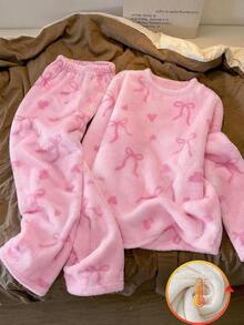 2pcs/Set Girls Fashion Minimalist Bow & Heart Print Long Sleeve & Long Pants, Winter Flannel Pajama Set. Bow Pajama Set, Girls Loungewear Set - Dusty Pink - View 7