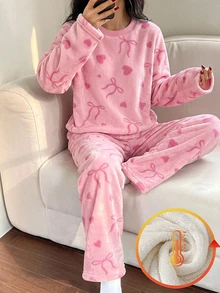 2pcs/Set Girls Fashion Minimalist Bow & Heart Print Long Sleeve & Long Pants, Winter Flannel Pajama Set. Bow Pajama Set, Girls Loungewear Set - Dusty Pink - View 1