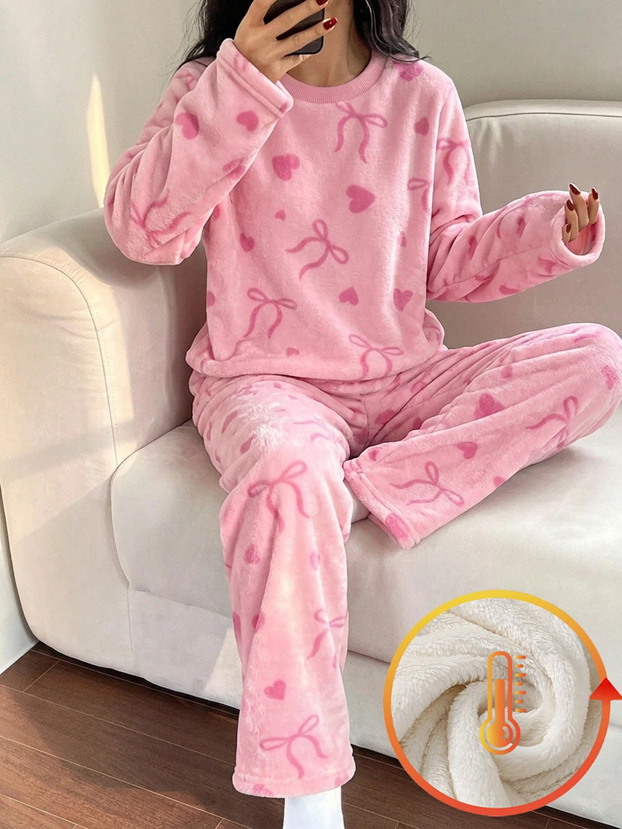 2pcs/Set Girls Fashion Minimalist Bow & Heart Print Long Sleeve & Long Pants, Winter Flannel Pajama Set. Bow Pajama Set, Girls Loungewear Set - Dusty Pink - View 1