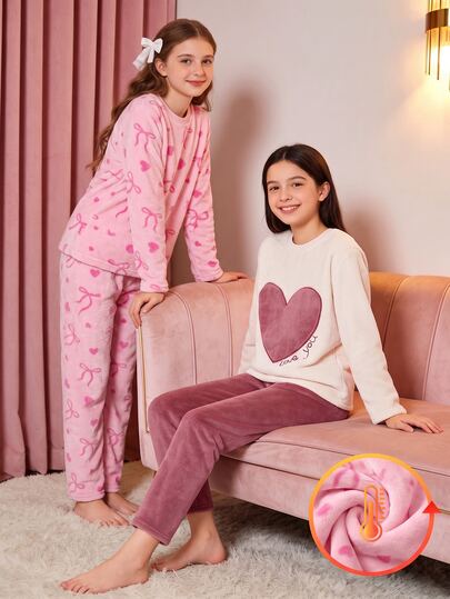 2pcs/Set Girls Fashion Minimalist Bow & Heart Print Long Sleeve & Long Pants, Winter Flannel Pajama Set. Bow Pajama Set, Girls Loungewear Set