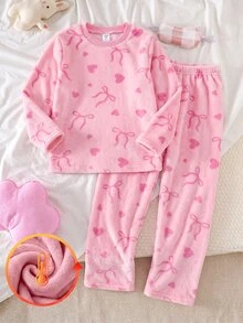 2pcs/Set Girls Fashion Minimalist Bow & Heart Print Long Sleeve & Long Pants, Winter Flannel Pajama Set. Bow Pajama Set, Girls Loungewear Set - Dusty Pink - View 4
