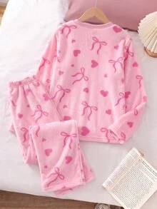 2pcs/Set Girls Fashion Minimalist Bow & Heart Print Long Sleeve & Long Pants, Winter Flannel Pajama Set. Bow Pajama Set, Girls Loungewear Set - Dusty Pink - View 2