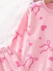 2pcs/Set Girls Fashion Minimalist Bow & Heart Print Long Sleeve & Long Pants, Winter Flannel Pajama Set. Bow Pajama Set, Girls Loungewear Set - Dusty Pink - View 5