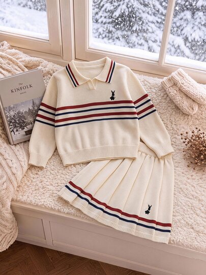 SHEIN Girls' Knitted 2 Pieces Set, Red & Black Contrast Color Sporty Collegiate Style Embroidered Rabbit Striped Sweater + Knitted Striped Skirt, Big Girls' Long Sleeve Crew Neck Pullover, Casual Elegant Style Autumn/Winter Fashion, Soft Skin-Friendly, Comfortable, Easy To Mix And Match, Suitable For Multiple Occasions
