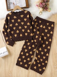 Tween Girls' Autumn/Winter Fashion Heart Pattern Jacquard Knit Sweater Long Sleeve Top And Long Pants Set - Brown - View 9