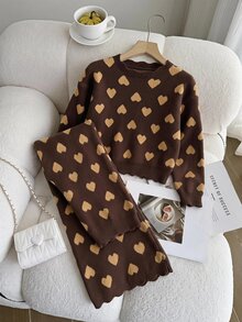 Tween Girls' Autumn/Winter Fashion Heart Pattern Jacquard Knit Sweater Long Sleeve Top And Long Pants Set - Brown - View 14