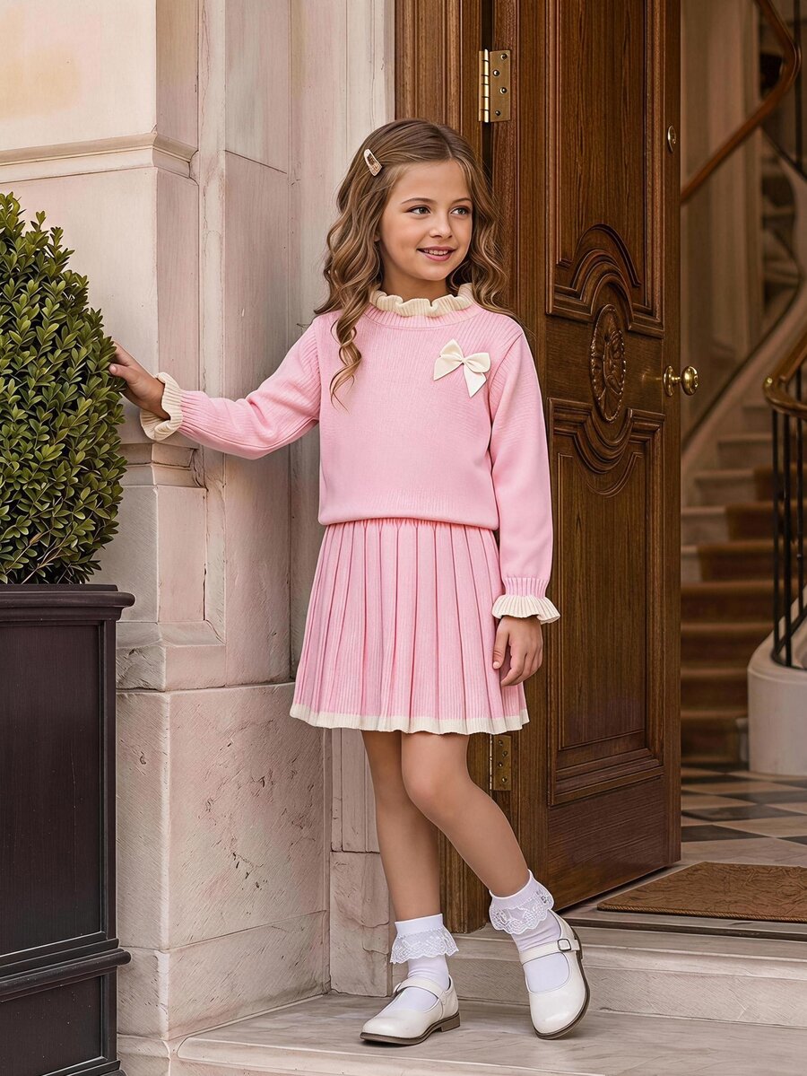 SHEIN 2pcs/Set Girls Cute Ruffled Collar & Ruffled Sleeve 3D Bow Decor Sweater And Pleated Skirt Autumn Winter - Baby Pink - View 1