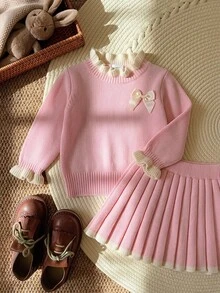 SHEIN 2pcs/Set Girls Cute Ruffled Collar & Ruffled Sleeve 3D Bow Decor Sweater And Pleated Skirt Autumn Winter - Baby Pink - View 8