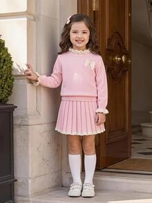 SHEIN 2pcs/Set Girls Cute Ruffled Collar & Ruffled Sleeve 3D Bow Decor Sweater And Pleated Skirt Autumn Winter - Baby Pink - View 10