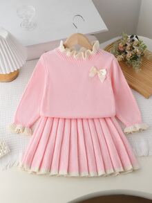 SHEIN 2pcs/Set Girls Cute Ruffled Collar & Ruffled Sleeve 3D Bow Decor Sweater And Pleated Skirt Autumn Winter - Baby Pink - View 9