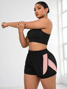 Solea Cove Plus Size Women's Summer Contrast Color Phone Pocket Elastic Waist Sports Shorts - Black - View 6