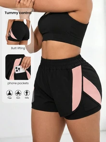 Solea Cove Plus Size Women's Summer Contrast Color Phone Pocket Elastic Waist Sports Shorts - Black - View 1