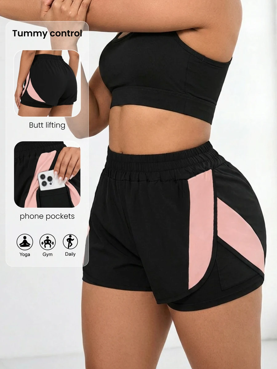 Solea Cove Plus Size Women's Summer Contrast Color Phone Pocket Elastic Waist Sports Shorts - Black - View 1