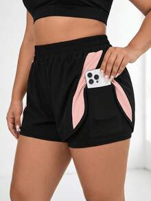 Solea Cove Plus Size Women's Summer Contrast Color Phone Pocket Elastic Waist Sports Shorts - Black - View 4