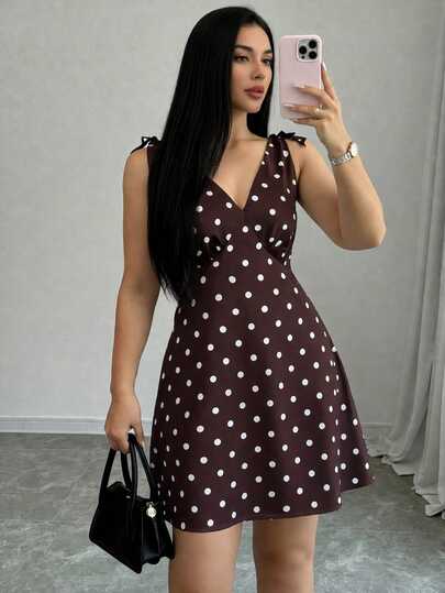 Vionelle Vestido elegante y lindo de talla grande para mujer, estilo minimalista de los años 60, color marrón, con lazo en los hombros, para citas, vacaciones y verano