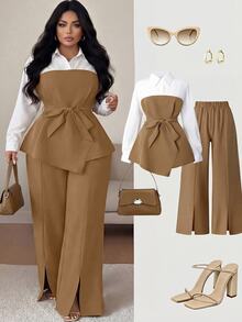 SHEIN CURVE+ Setelan 2 Potong Wanita Ukuran Plus Minimalis Elegan untuk Musim Gugur: Kemeja dan Celana Panjang Belahan Lurus - MultiWarna - View 1