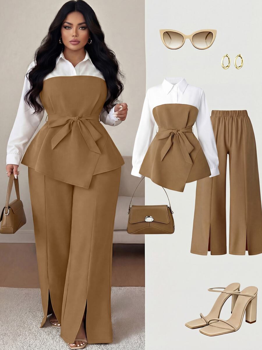 SHEIN CURVE+ Setelan 2 Potong Wanita Ukuran Plus Minimalis Elegan untuk Musim Gugur: Kemeja dan Celana Panjang Belahan Lurus - MultiWarna - View 1