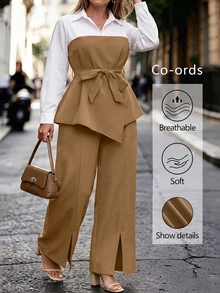 SHEIN CURVE+ Setelan 2 Potong Wanita Ukuran Plus Minimalis Elegan untuk Musim Gugur: Kemeja dan Celana Panjang Belahan Lurus - MultiWarna - View 7