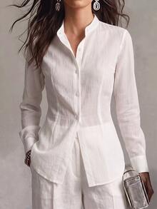 Trelyra Women's Fall White Stand Collar Long-Sleeve Shirt, Button-Down Drape Pleated Office Blouse, Commuting Premium Occasion Wear For Business Daily Work - White - View 7