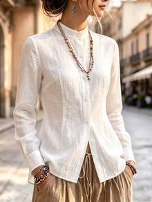 Trelyra Women's Fall White Stand Collar Long-Sleeve Shirt, Button-Down Drape Pleated Office Blouse, Commuting Premium Occasion Wear For Business Daily Work - White - View 1