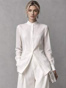 Trelyra Women's Fall White Stand Collar Long-Sleeve Shirt, Button-Down Drape Pleated Office Blouse, Commuting Premium Occasion Wear For Business Daily Work - White - View 3