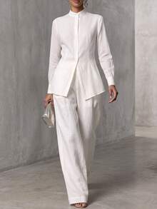 Trelyra Women's Fall White Stand Collar Long-Sleeve Shirt, Button-Down Drape Pleated Office Blouse, Commuting Premium Occasion Wear For Business Daily Work - White - View 8