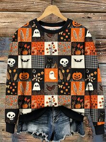 Lalippa Women's Halloween Pumpkin Ghost Skull Patchwork Pattern Long Sleeve Round Neck Casual Sweatshirt - Black - View 3
