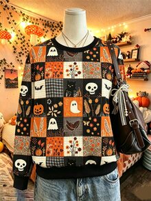 Lalippa Women's Halloween Pumpkin Ghost Skull Patchwork Pattern Long Sleeve Round Neck Casual Sweatshirt - Black - View 1