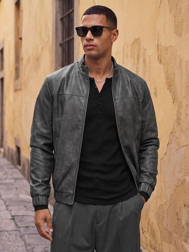 HIMLAND Men's Autumn Fashion Vintage Leather Jacket Streetwear,Suede Air Layer Jacket,Utility Cargo Jacket,Streetwear Jacket,Halloween Winter Party Autumn - Grey - View 8