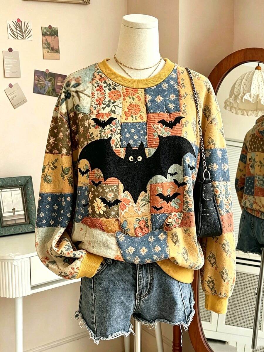 Lalippa 女款復古萬聖節圓領衛衣,拼接設計秋季南瓜圓領衛衣 - 黃色 - 查看 1