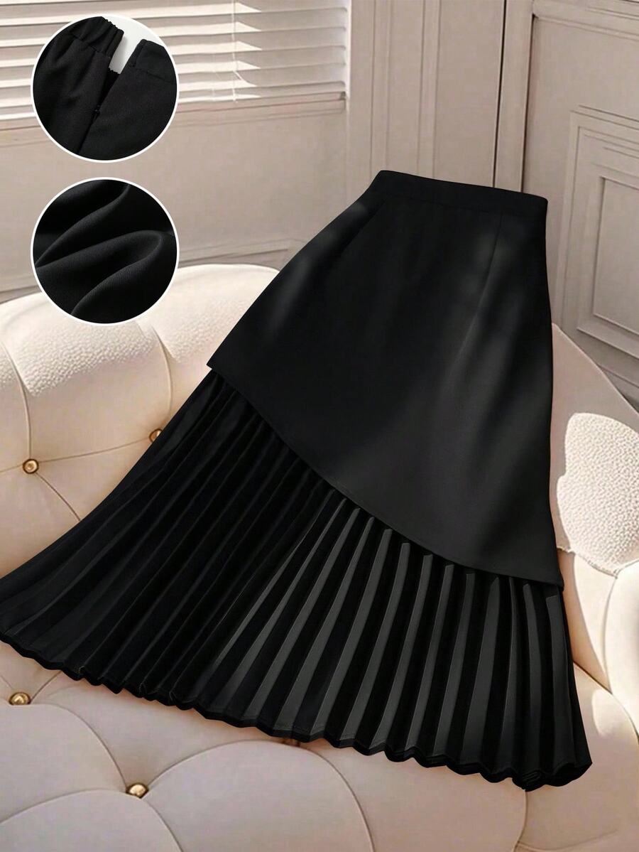 SHEIN CURVE+ Plus Size Women's Elegant Loose Midi Skirt, Pleated Design - Black - View 1