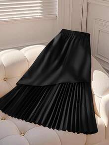 SHEIN CURVE+ Plus Size Women's Elegant Loose Midi Skirt, Pleated Design - Black - View 8