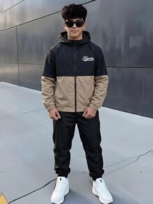 SHEIN 2件組青少年男孩休閒運動字母印花拼色連帽外套與長褲套裝，適合通勤、上學、日常休閒、度假、旅行、運動，秋冬穿著 - 卡其色 - 查看 4