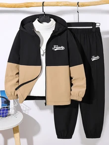 SHEIN 2件組青少年男孩休閒運動字母印花拼色連帽外套與長褲套裝，適合通勤、上學、日常休閒、度假、旅行、運動，秋冬穿著 - 卡其色 - 查看 2