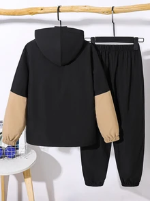 SHEIN 2件組青少年男孩休閒運動字母印花拼色連帽外套與長褲套裝，適合通勤、上學、日常休閒、度假、旅行、運動，秋冬穿著 - 卡其色 - 查看 3