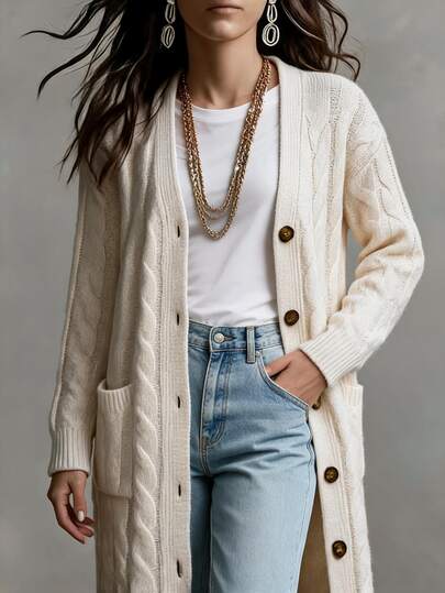 Balvessa Women's Casual Beaded V-Neck Cable Knit Button Pocket Loose Cardigan Brunch Office Brunch White Autumn