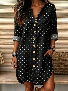 Balvessa Women's Polka Dot Contrast Button Vacation Dress For Travel - Black - View 1