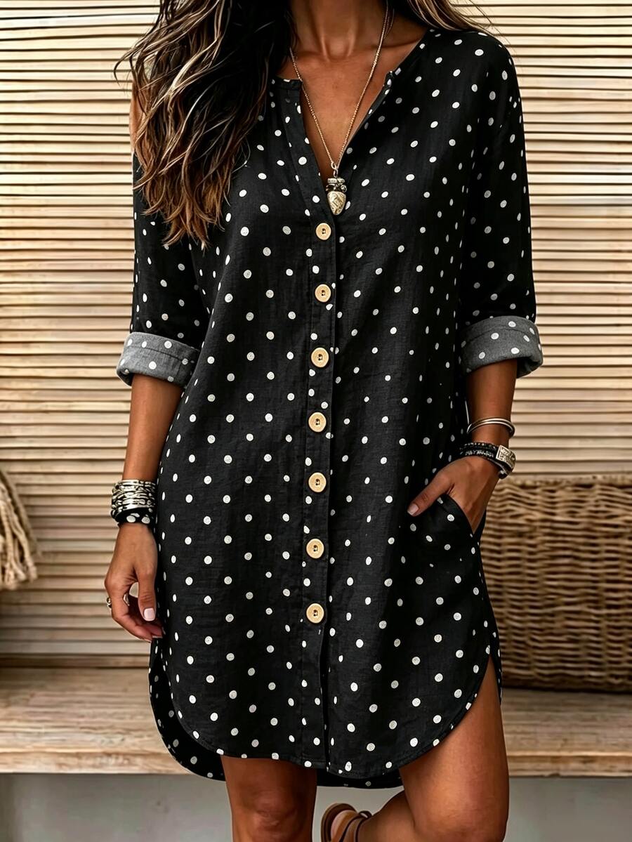 Balvessa Women's Polka Dot Contrast Button Vacation Dress For Travel - Black - View 1